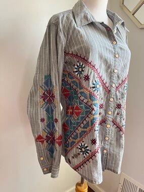 Johnny Was 3J Workshop Large Embroidery Button Down Shirt Blouse